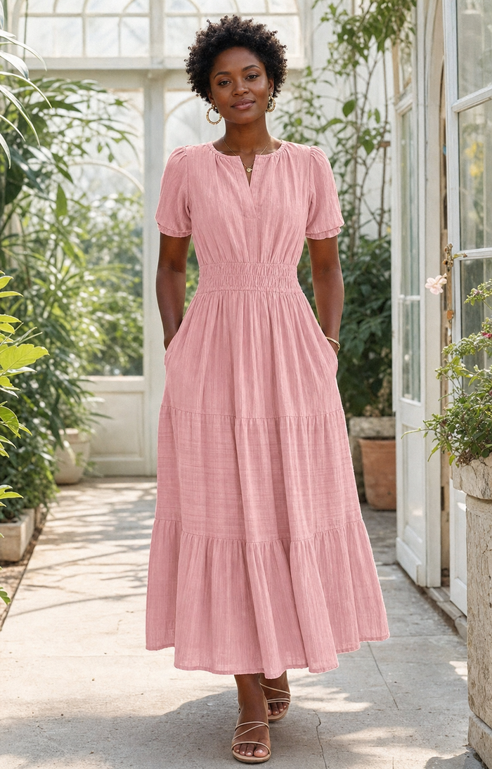 V-Neck Tiered Maxi Dress with Pockets