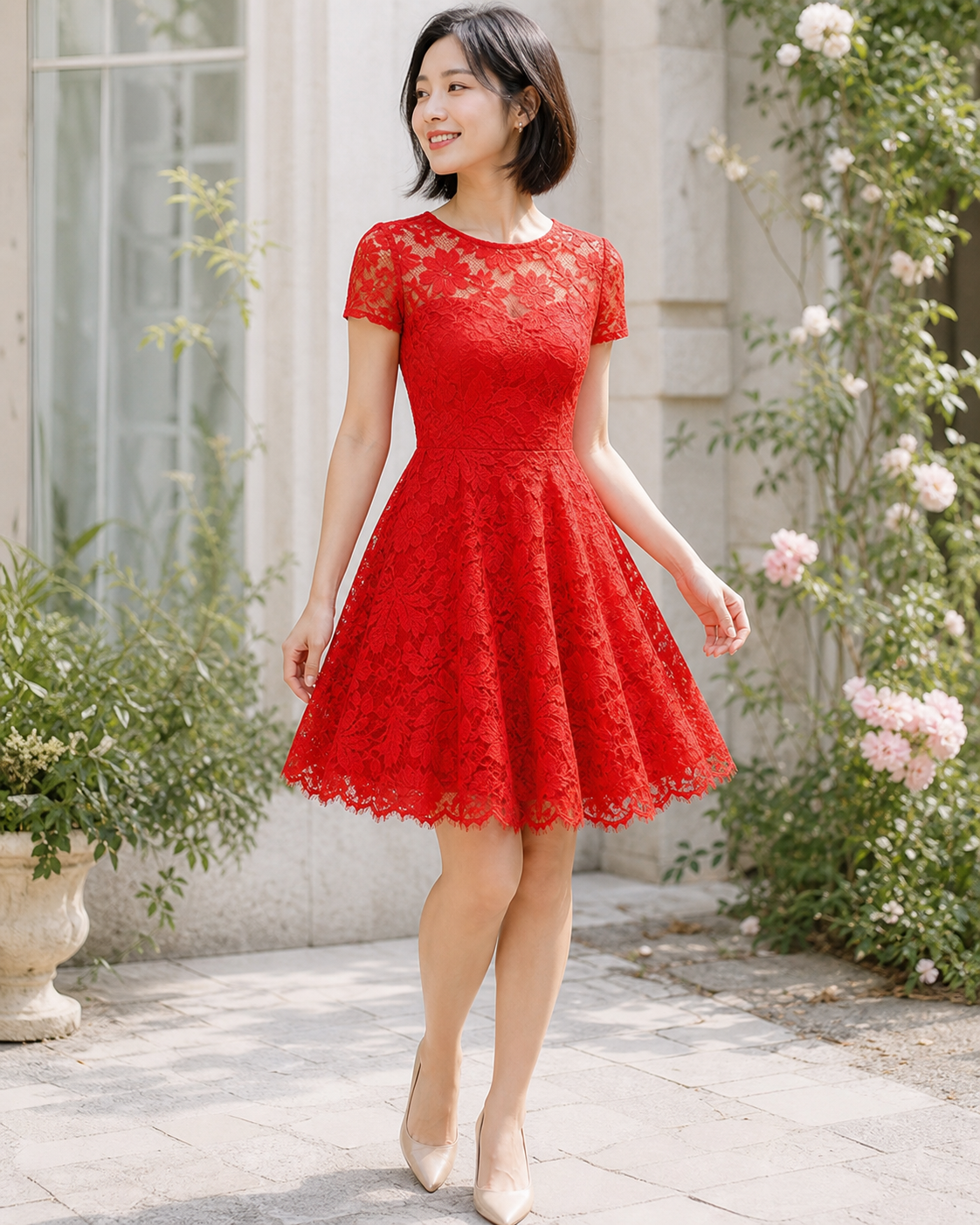 Floral Lace A-Line Midi Dress