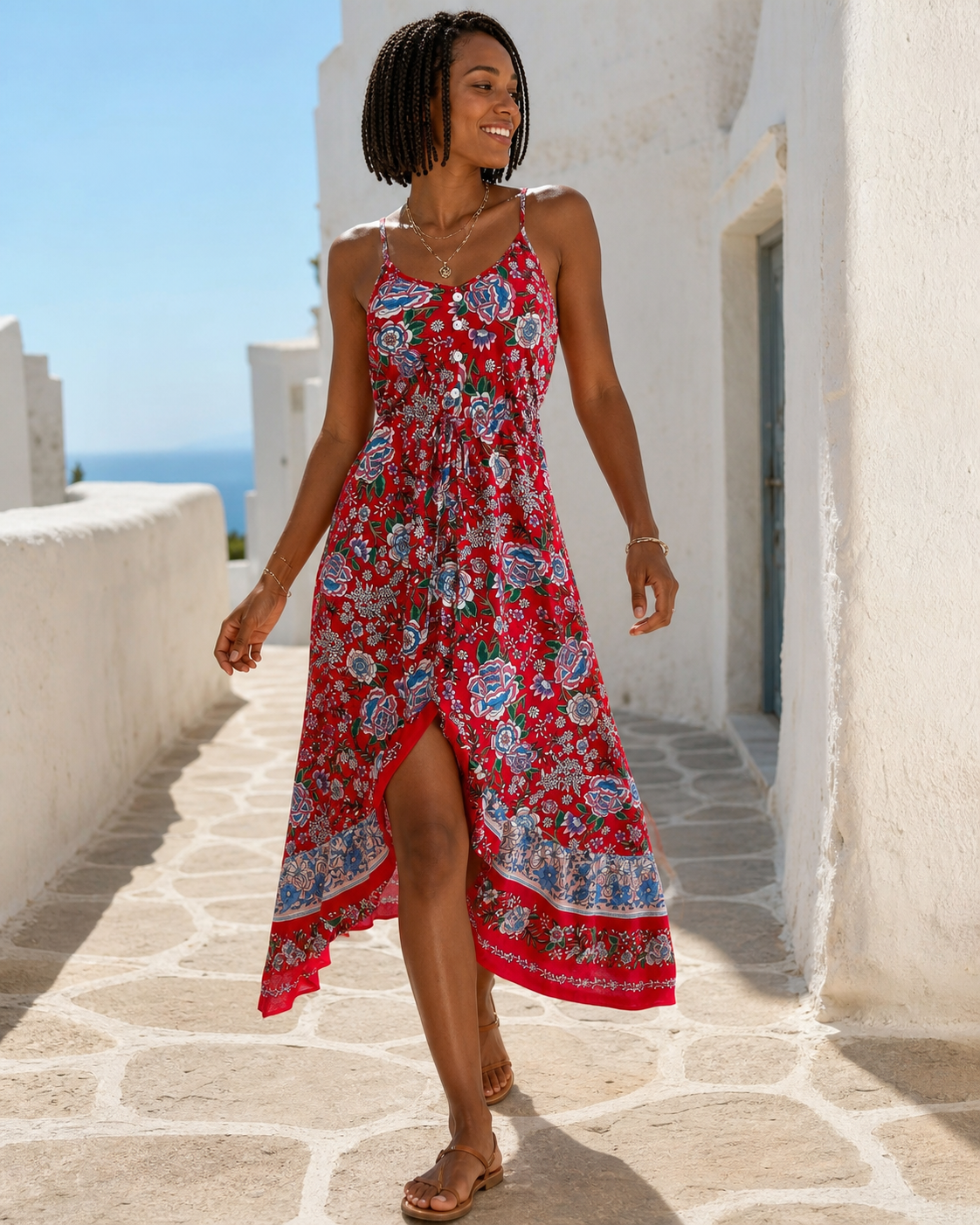 Wine Floral Asymmetric Midi Dress