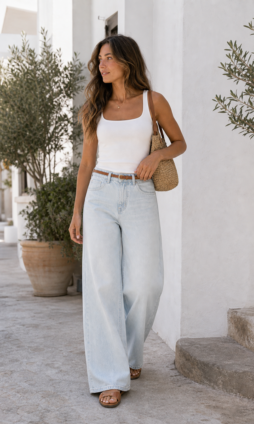 Calca jeans wide leg azul clara - JMTRICK standard-5 01 真人主图-冰蓝腰带宽腿牛仔裤
