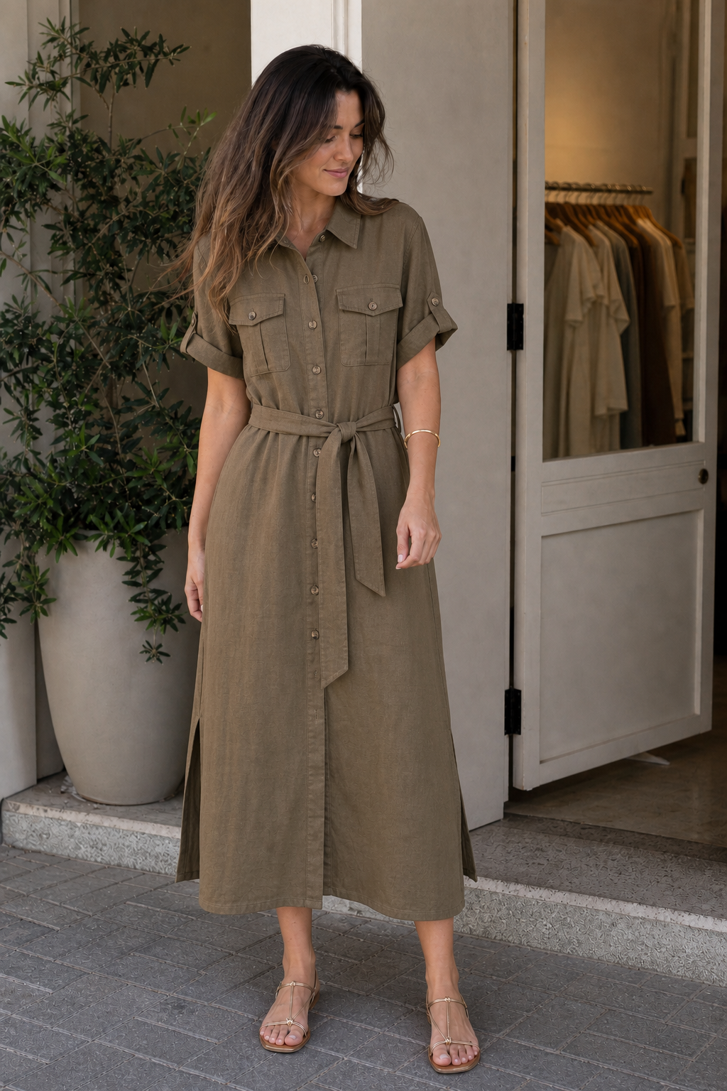 Vestido camisa utilitario caqui - JMTRICK standard-5 01 真人主图