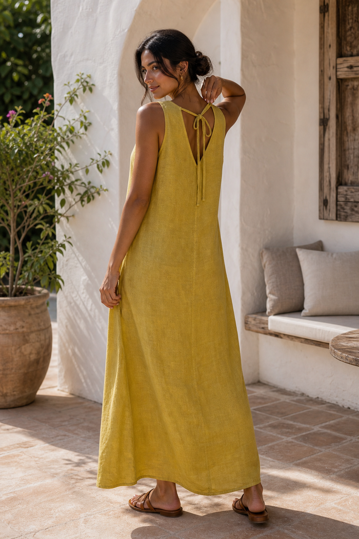 Vestido regata linho com amarracao costas