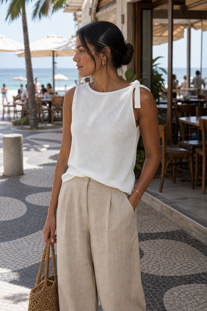 Regata tricot com nozinho no ombro