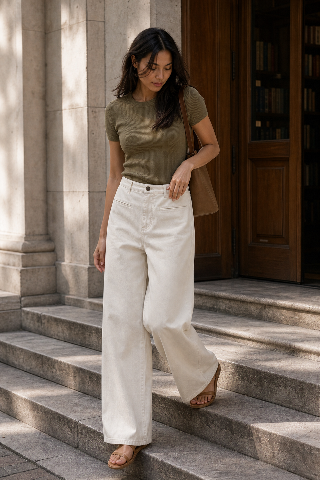 Calca sarja wide leg off white - JMTRICK standard-5 02 真人场景图-书店台阶自然步行