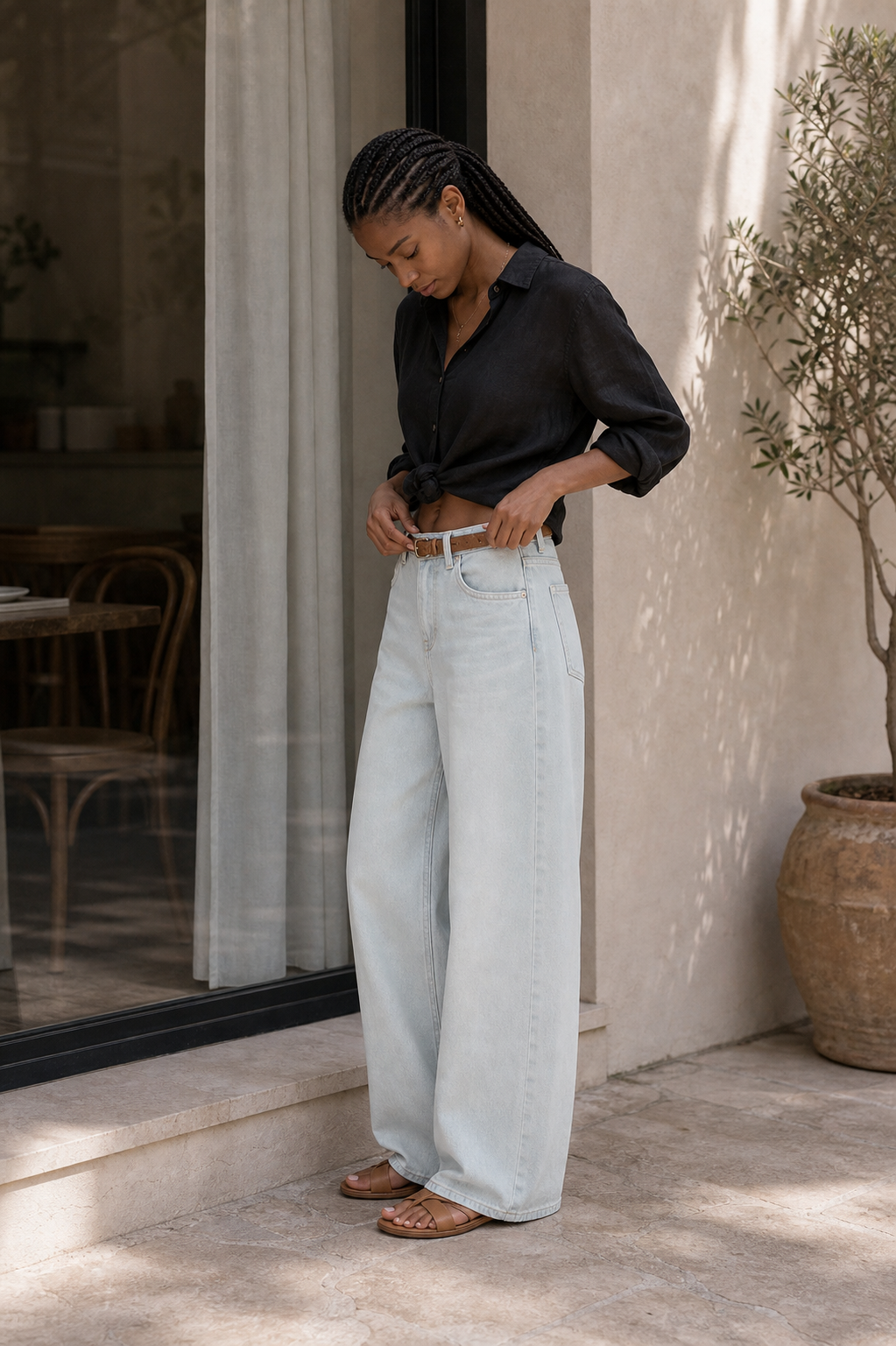 Calca jeans wide leg azul clara - JMTRICK standard-5 02 真人场景图-咖啡窗边调腰带