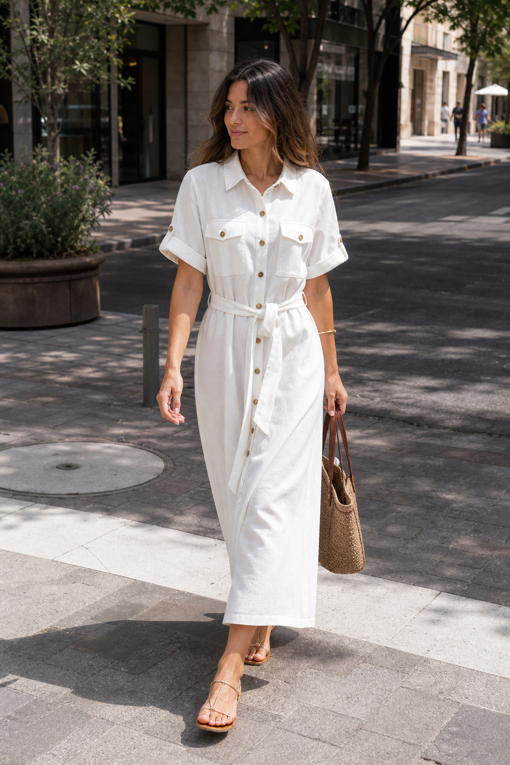 Vestido camisa branco com cinto - JMTRICK standard-5 02 真人场景图-城市街拍