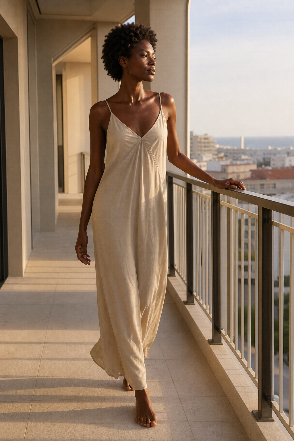 Vestido slip resort com decote V - JMTRICK standard-5 02 真人场景图-酒店阳台黄昏