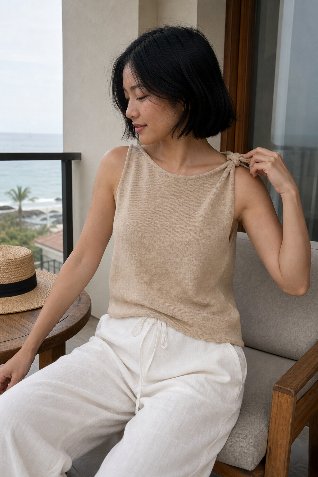 Regata tricot com nozinho no ombro - JMTRICK standard-5 02 真人场景图-米色款阳台肩结
