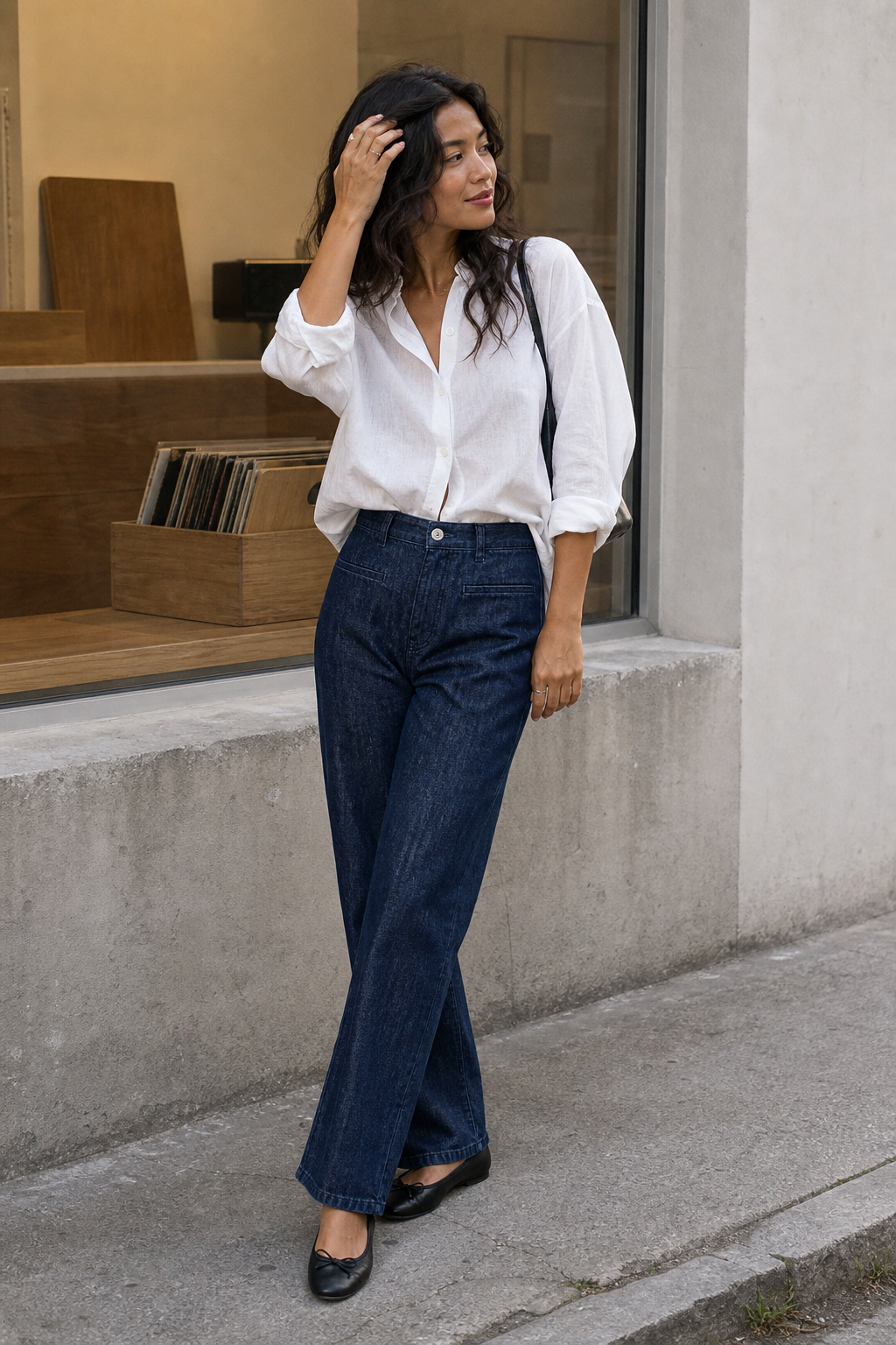 Calca jeans reta escura - JMTRICK standard-5 02 真人场景图-街角自然转身