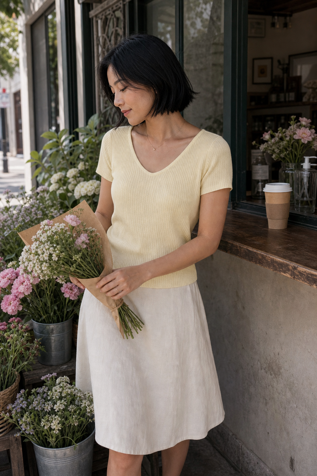 Blusa malha manga curta pastel - JMTRICK standard-5 02 真人场景图-淡黄款花店咖啡