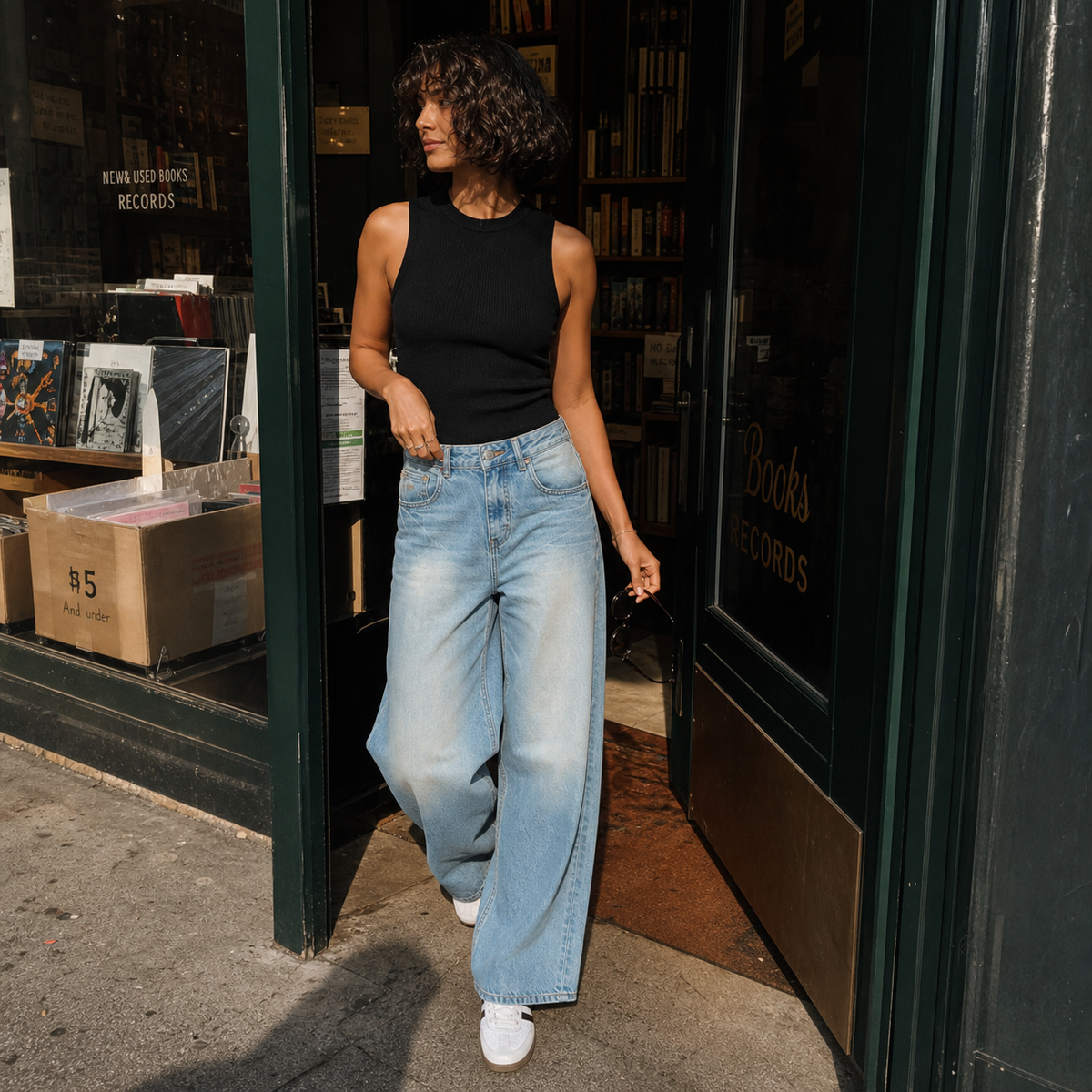 Calca jeans wide leg clara - JMTRICK standard-5 02 真人场景图-书店门口自然步行