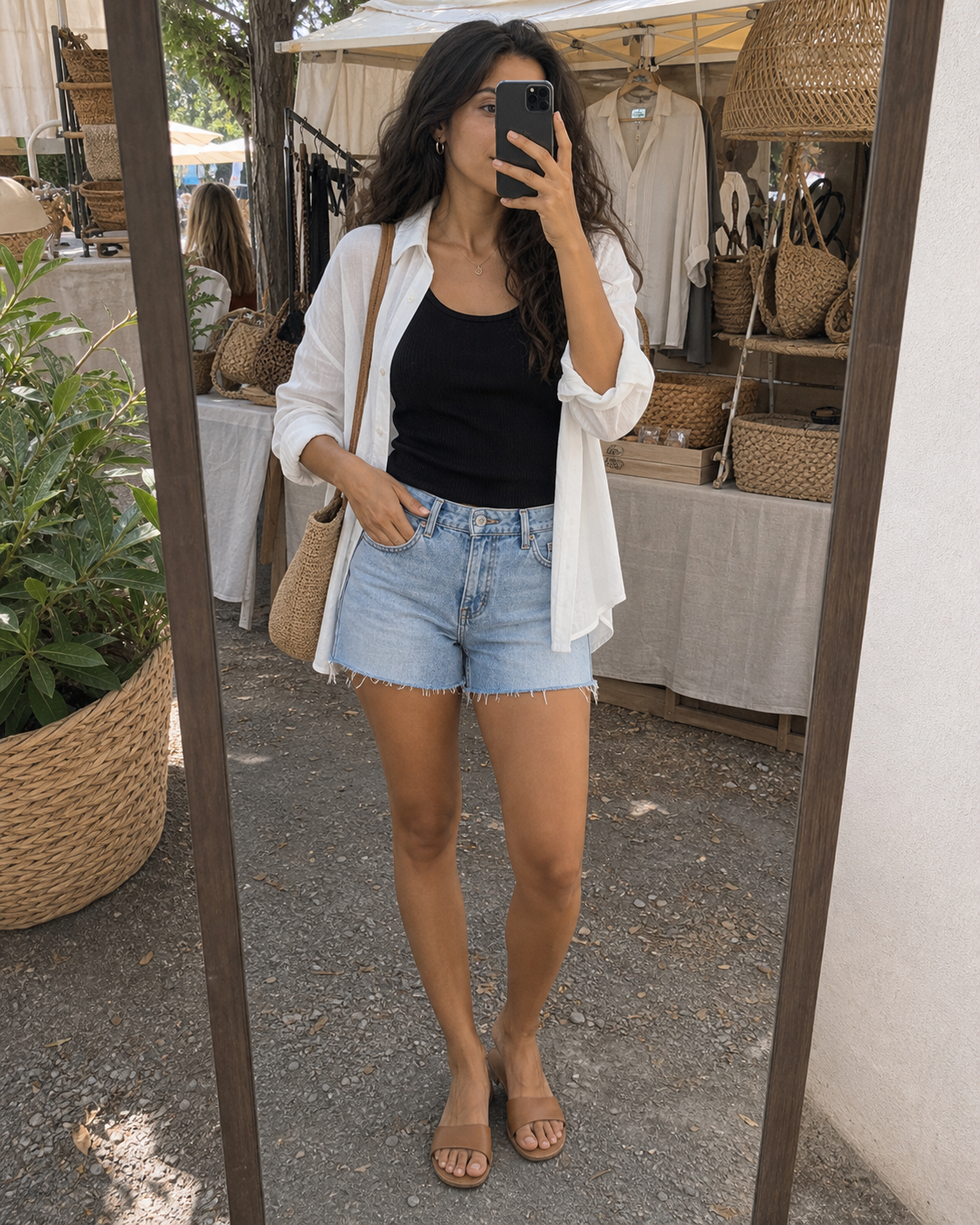 Shorts jeans barra desfiada - JMTRICK standard-5 03 真人场景图-市集镜前自拍