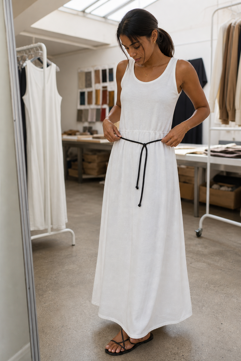 Vestido regata longo color block - JMTRICK standard-5 03 真人场景图-展厅调节腰绳