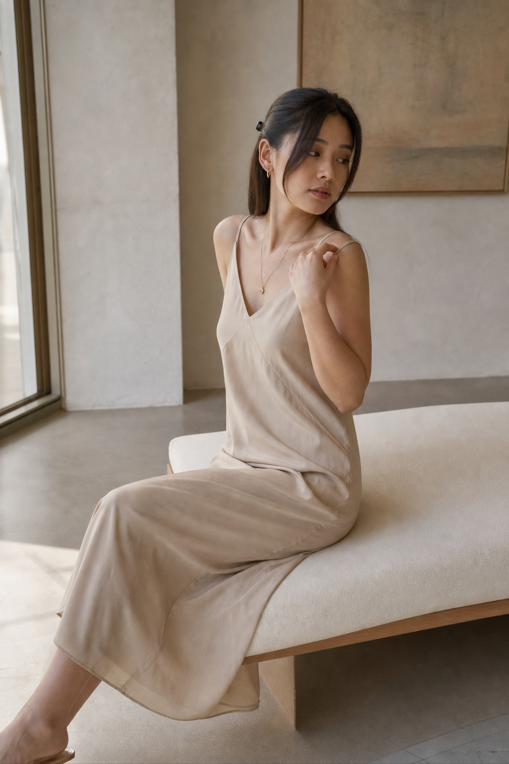 Vestido slip resort com decote V - JMTRICK standard-5 03 真人场景图-画廊窗边坐姿