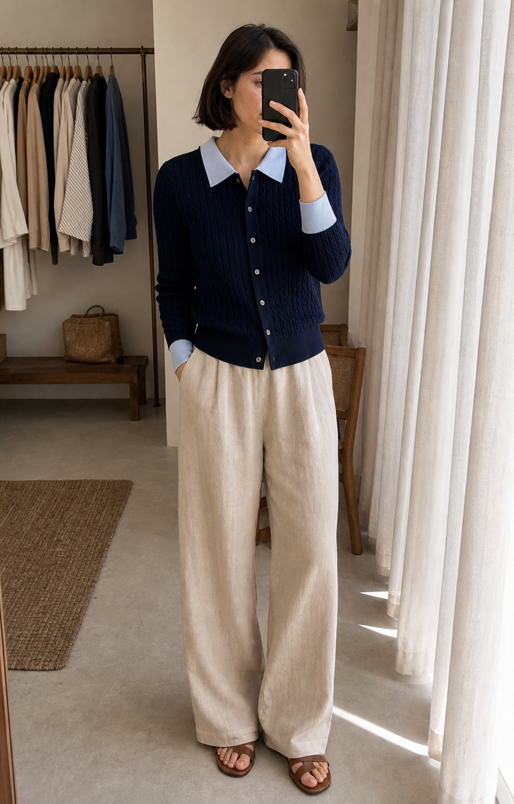Cardigan tricot listrado com gola - JMTRICK standard-5 03 真人场景图-藏蓝款镜前自拍