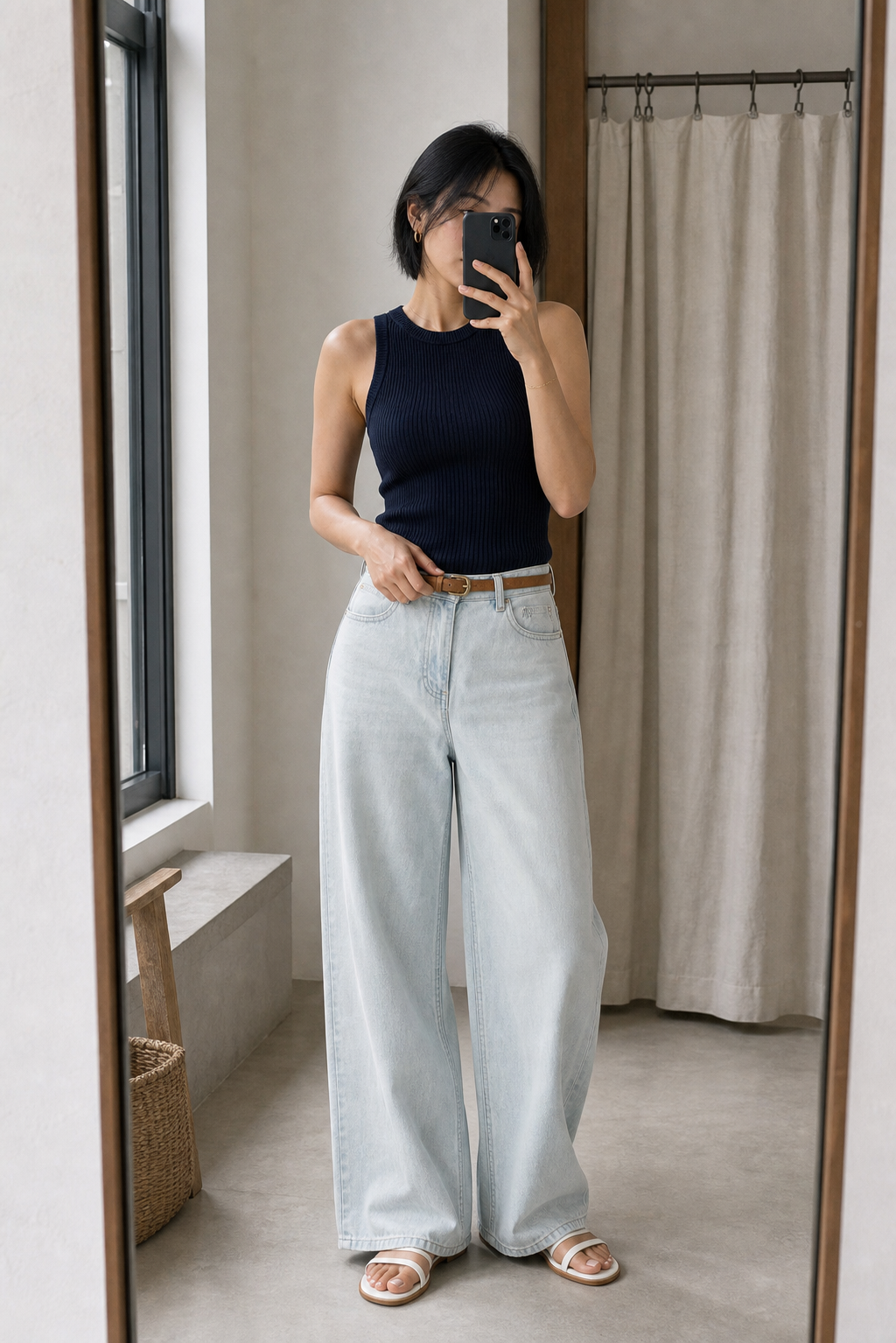 Calca jeans wide leg azul clara - JMTRICK standard-5 03 真人场景图-冰蓝款镜前自拍