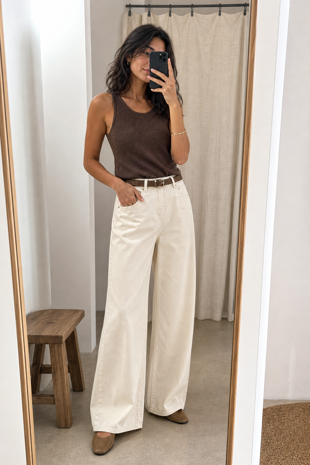 Calca wide leg off white - JMTRICK standard-5 03 真人场景图-米白款镜前自拍