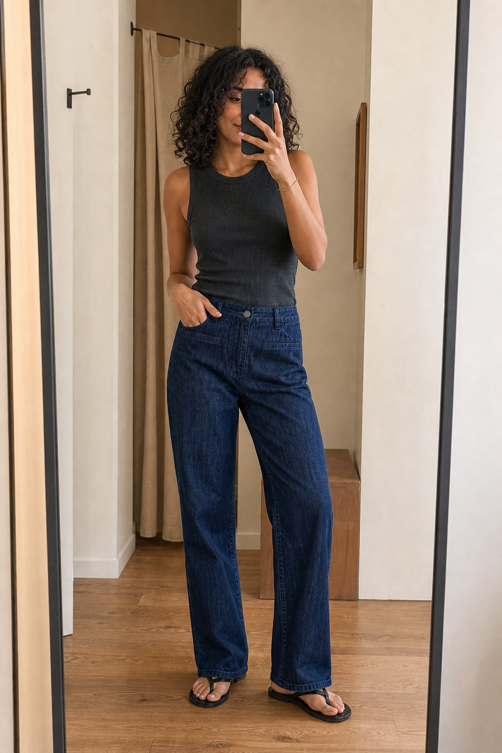 Calca jeans reta escura - JMTRICK standard-5 03 真人场景图-深蓝款镜前自拍