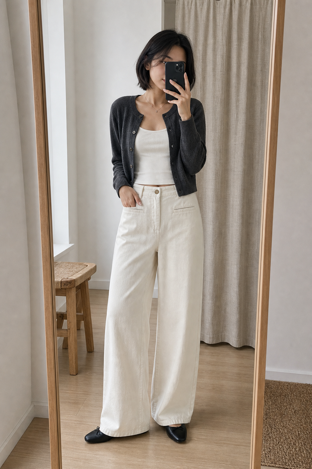 Calca sarja wide leg off white - JMTRICK standard-5 03 真人场景图-米白款镜前自拍
