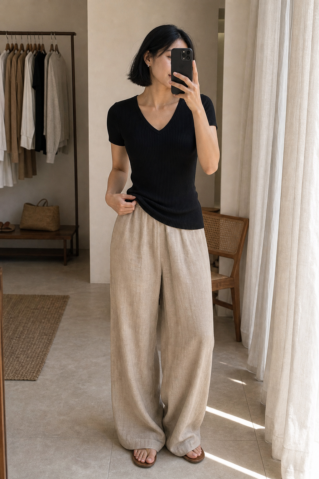 Camiseta basica decote V - JMTRICK standard-5 03 真人场景图-黑色款镜前自拍
