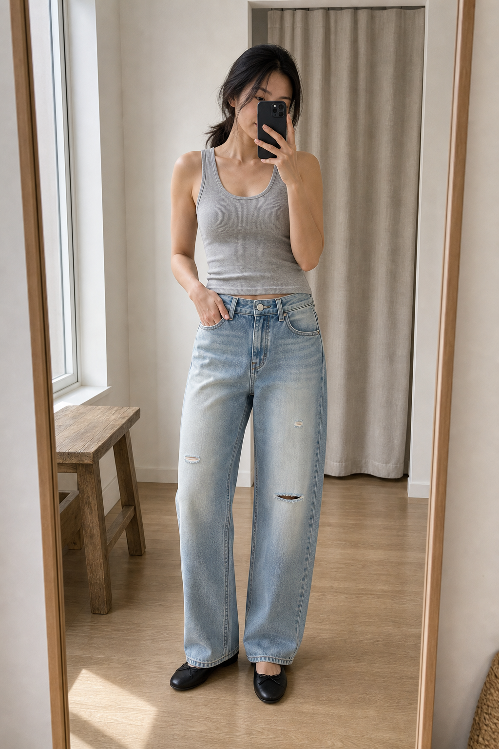 Calca jeans reta destroyed - JMTRICK standard-5 03 真人场景图-浅蓝款镜前自拍