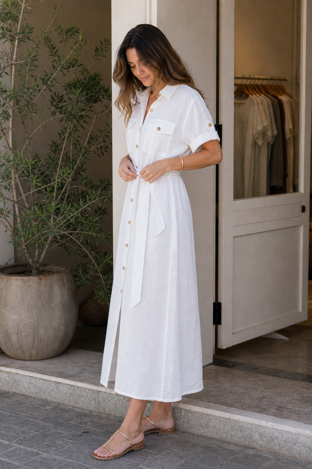 Vestido camisa branco com cinto - JMTRICK standard-5 03 真人场景图-精品店门口