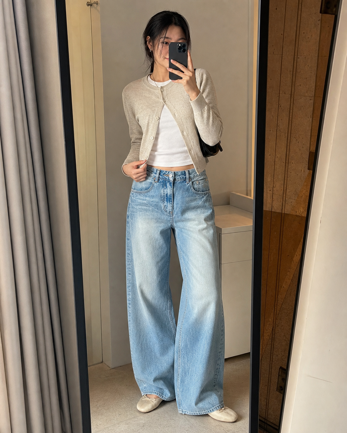 Calca jeans wide leg clara - JMTRICK standard-5 03 真人场景图-浅蓝款镜前自拍