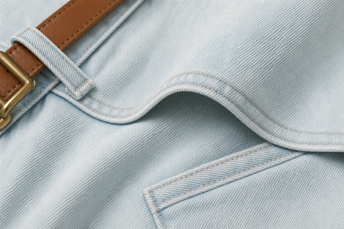Calca jeans wide leg azul clara - JMTRICK standard-5 05 面料细节-冰蓝牛仔腰带