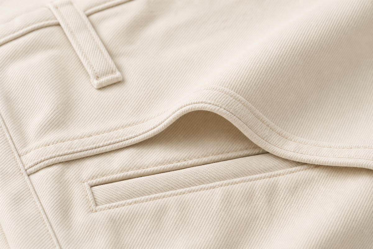 Calca sarja wide leg off white - JMTRICK standard-5 05 面料细节-米白棉斜纹车线