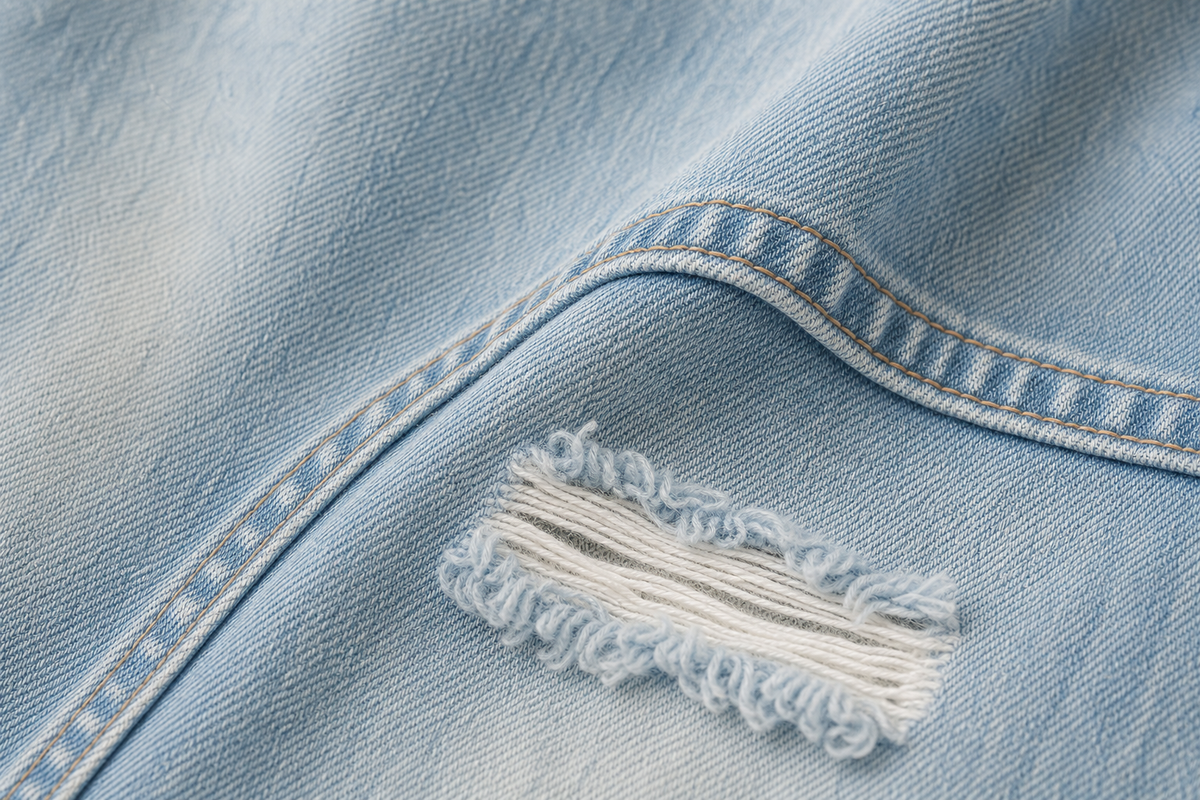Calca jeans reta destroyed - JMTRICK standard-5 05 面料细节-浅水洗牛仔破洞毛边