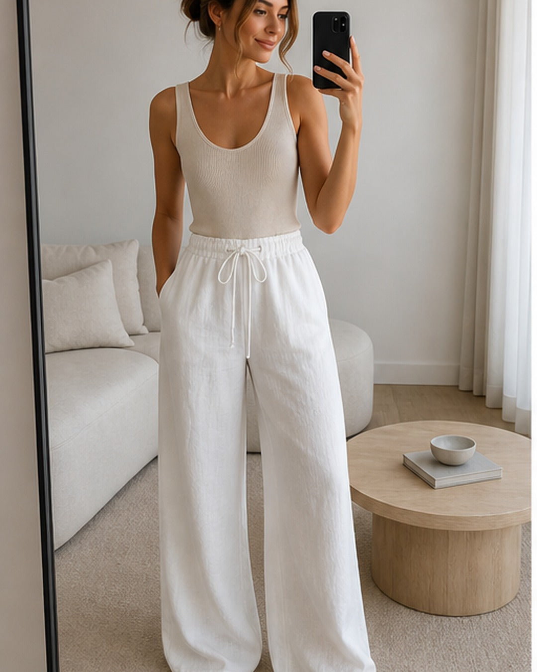 Calca pantalona branca com amarracao - editorial com modelo 1