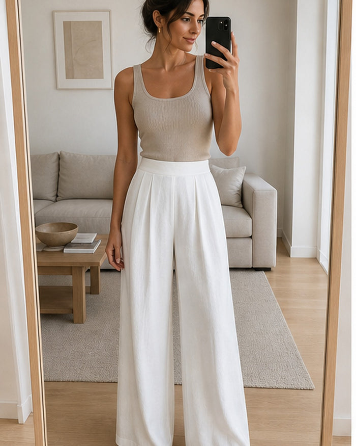 Calca pantalona branca com pregas