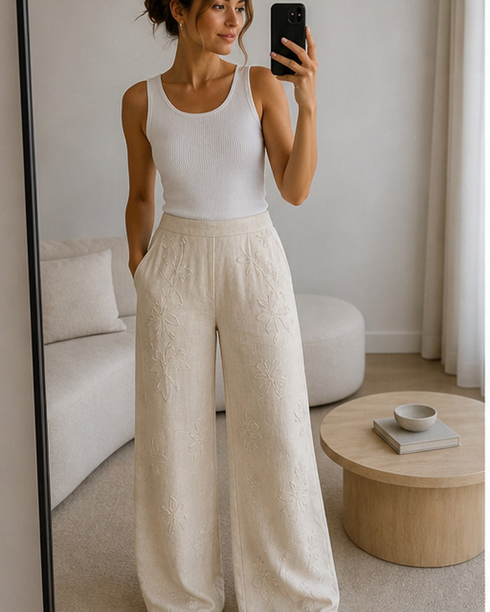 Calca linho bordada wide leg
