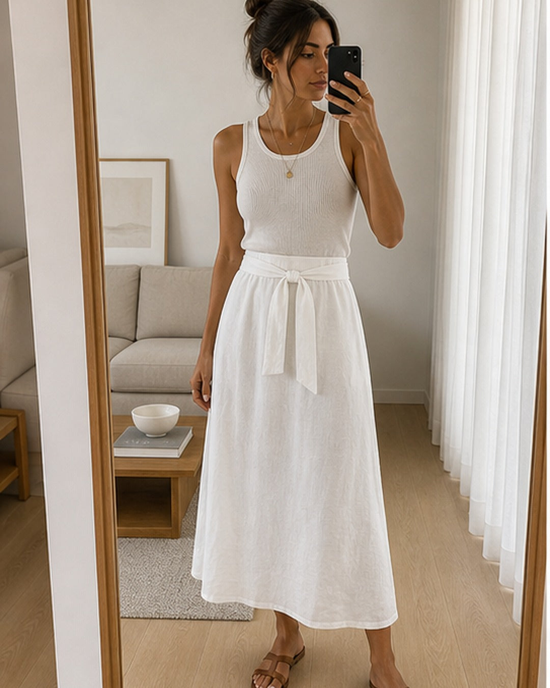 Saia midi linho com faixa - editorial com modelo 1