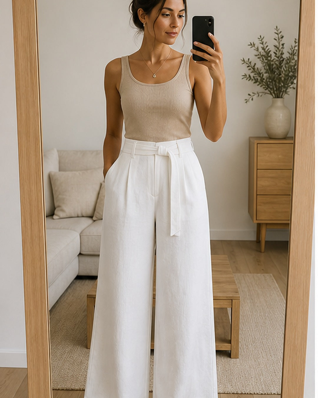 Calca pantalona branca com cinto - editorial com modelo 1