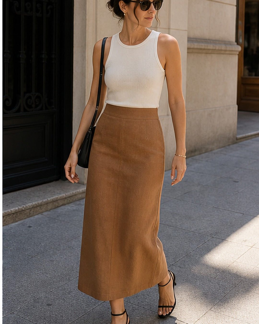 Saia midi reta linho - editorial com modelo 2