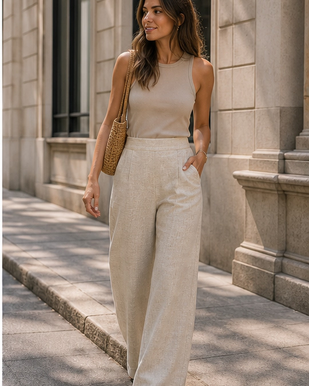 Calca linho wide leg texturizada - editorial com modelo 2