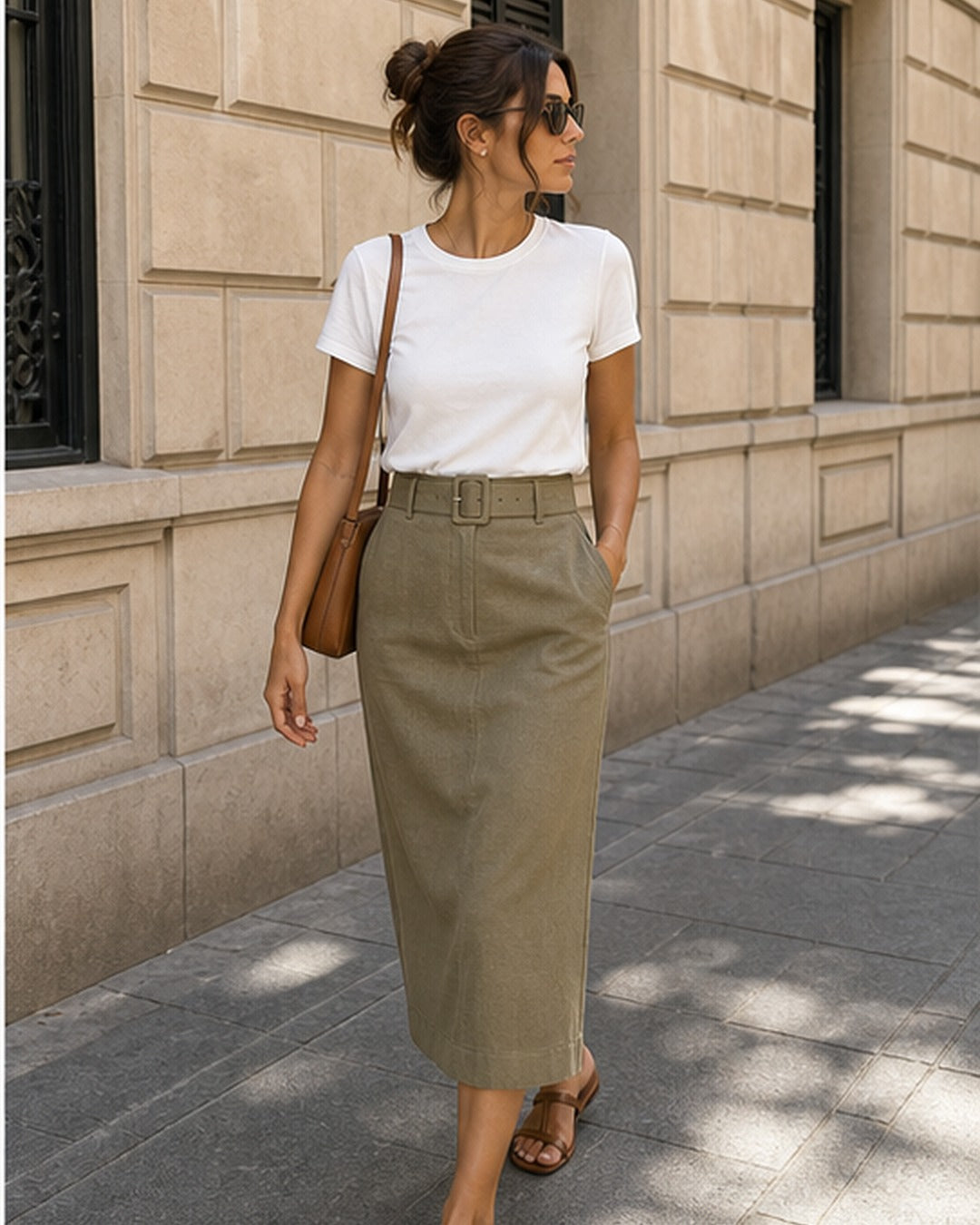 Saia reta midi com cinto - editorial com modelo 2