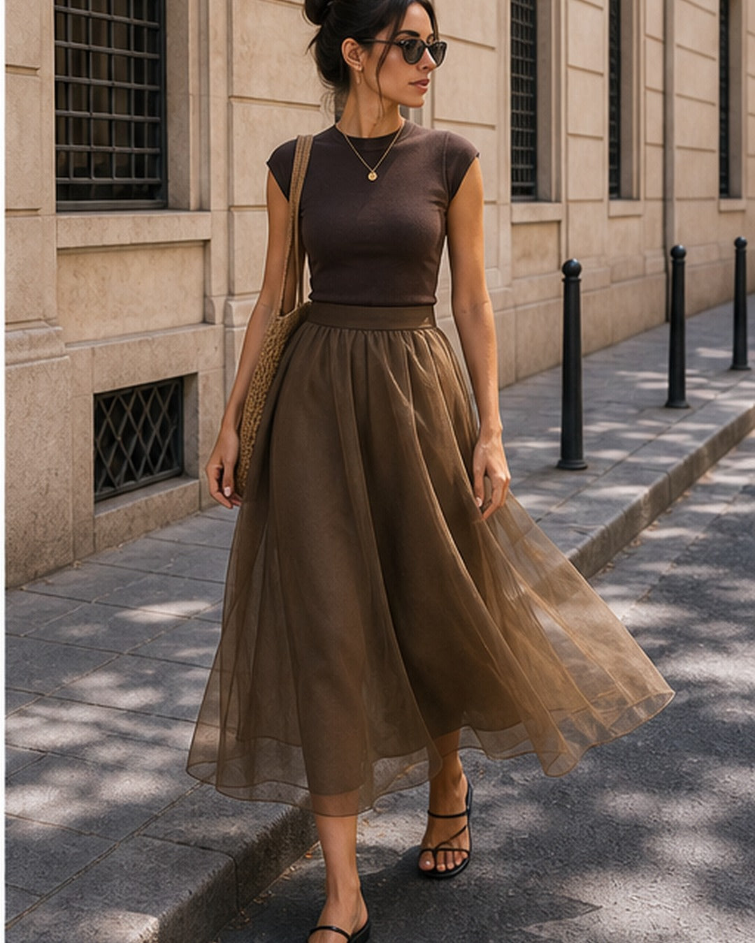 Saia midi organza translucida - editorial com modelo 2