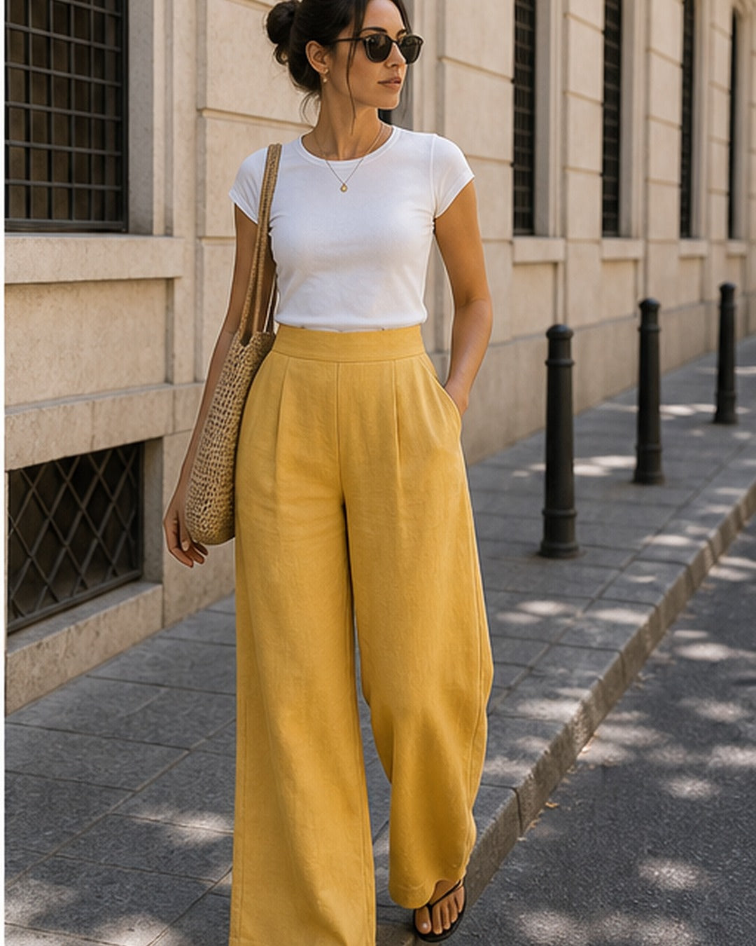 Calca pantalona linho colorida - editorial com modelo 2