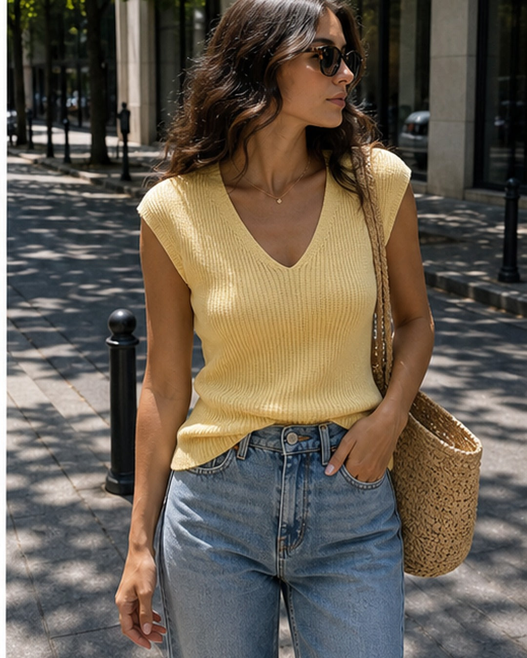 Blusa tricot decote V colorida - editorial com modelo 2