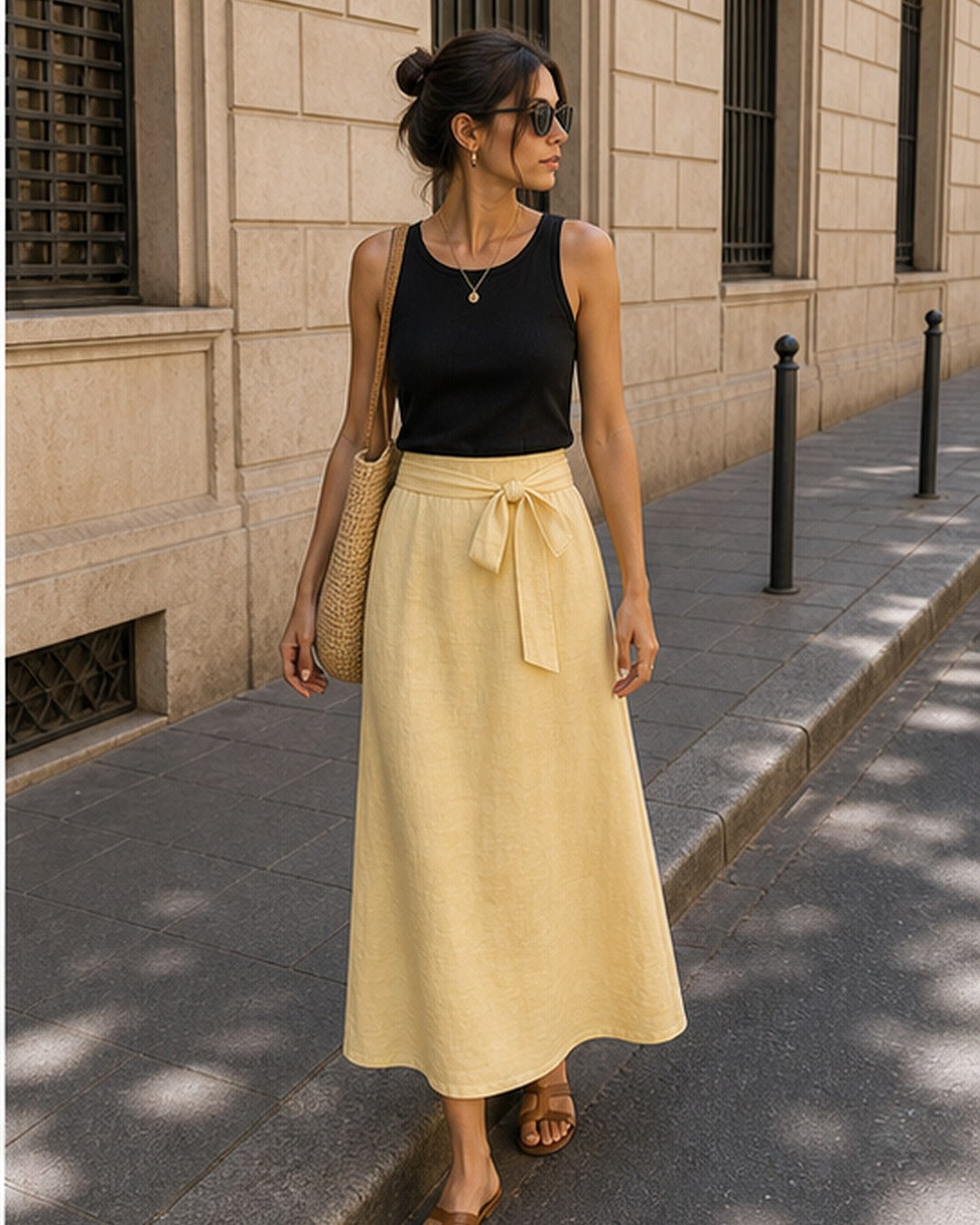 Saia midi linho com faixa - editorial com modelo 2