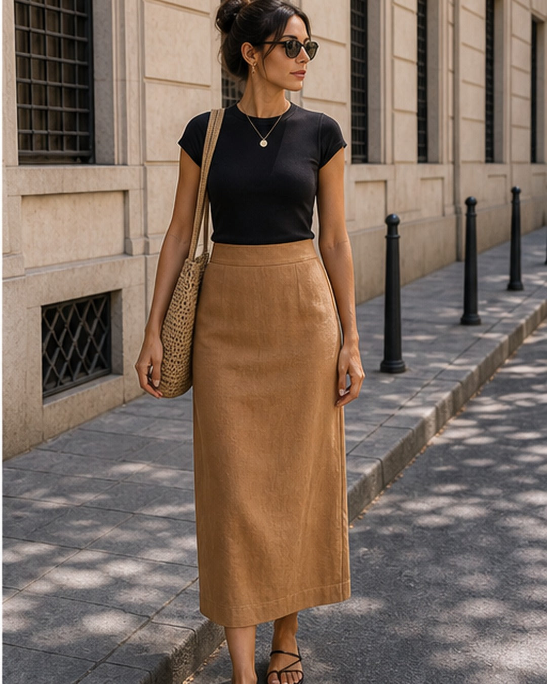 Saia reta linho com barra - editorial com modelo 2