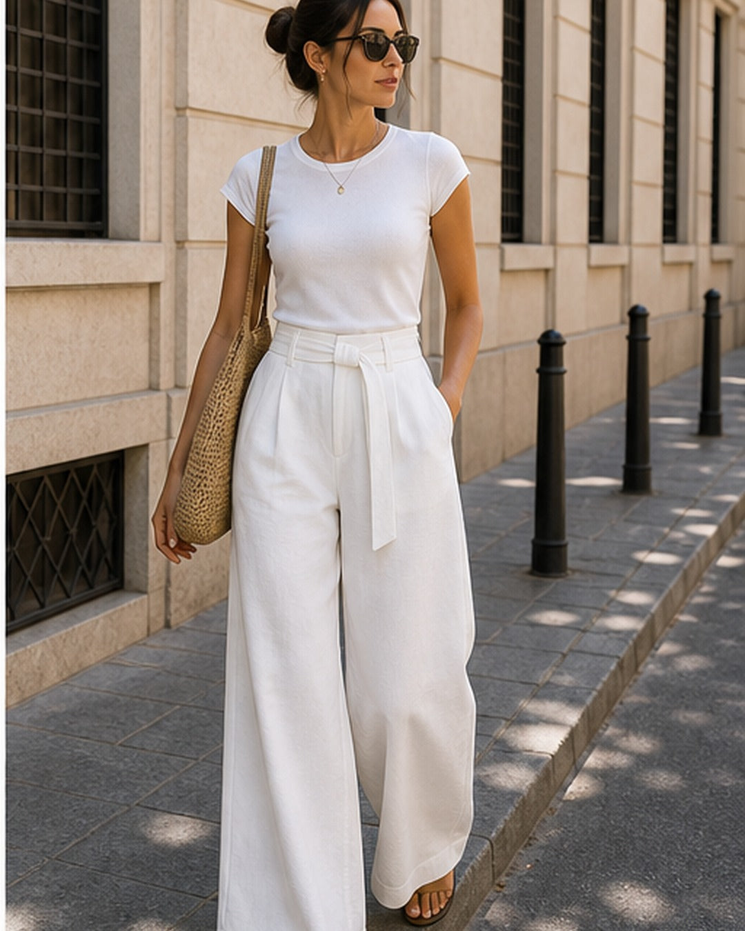 Calca pantalona branca com cinto - editorial com modelo 2