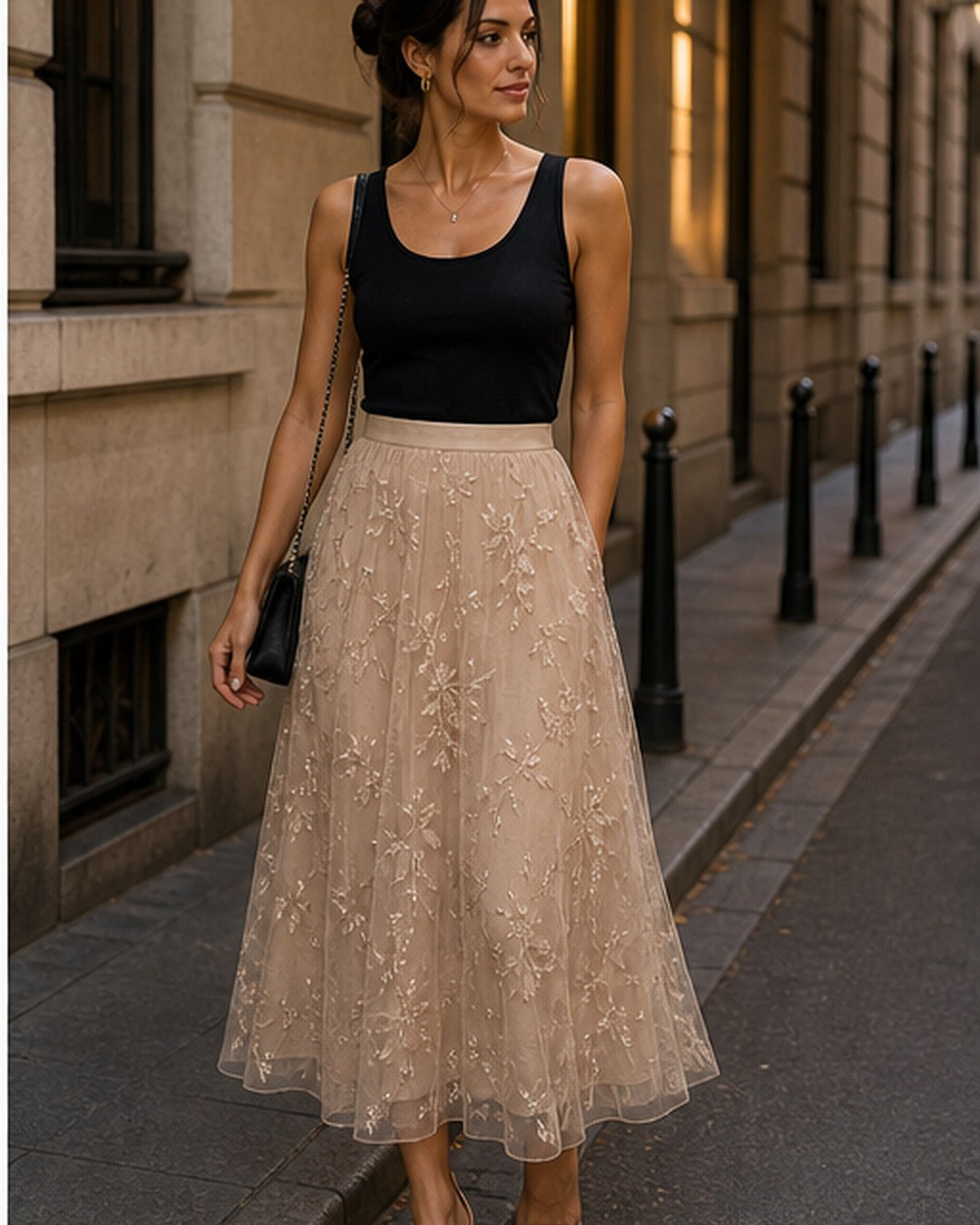 Saia midi tule bordado - editorial com modelo 2