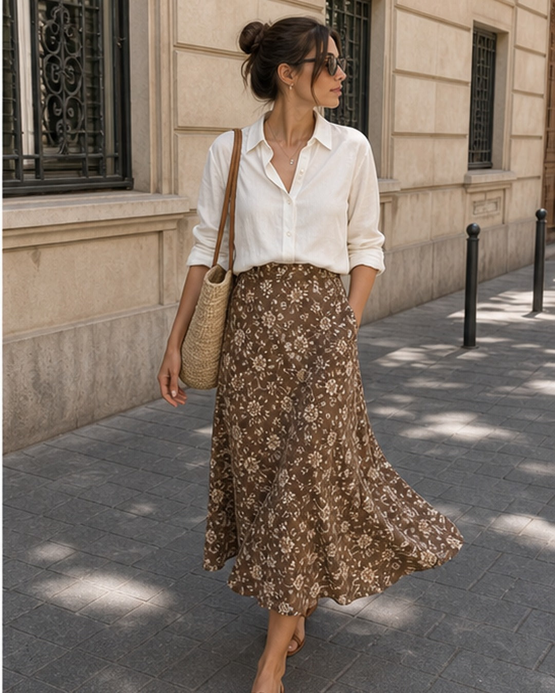 Saia midi estampada floral - editorial com modelo 2