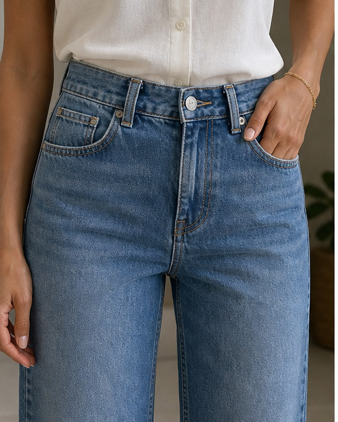 Calca jeans reta lavagem media - editorial com modelo 3