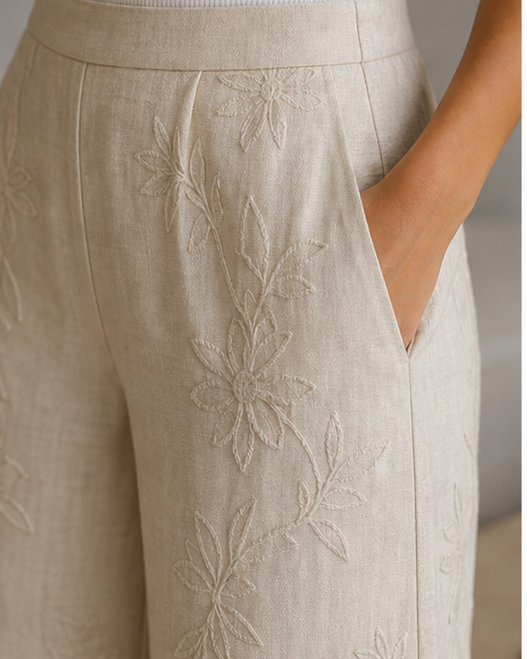 Calca linho bordada wide leg - editorial com modelo 3
