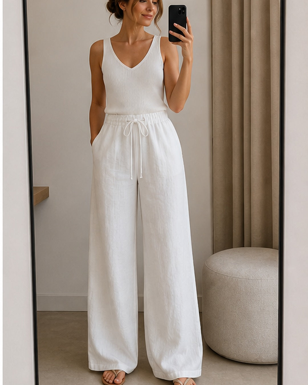 Calca pantalona branca com amarracao - editorial com modelo 4