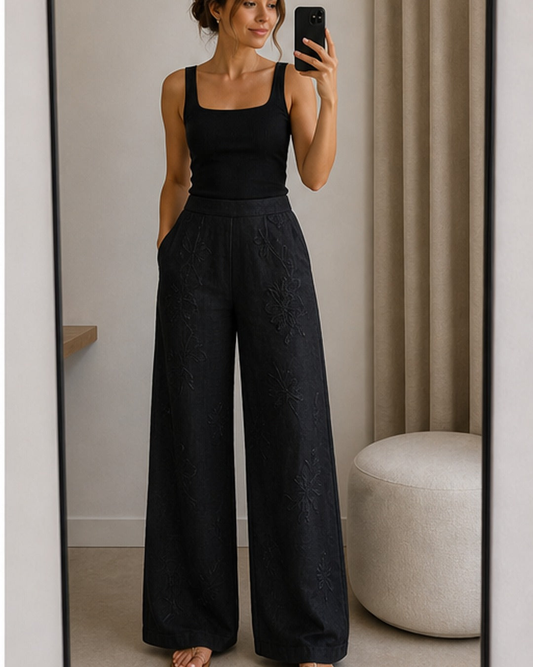 Calca linho bordada wide leg - editorial com modelo 4
